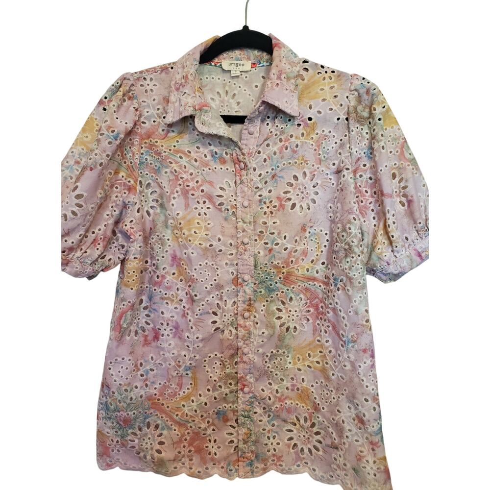 Umgee Pink Floral Eyelet Button Up Blouse Short Sleeve Puff Sleeve Small